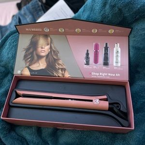 Hair kit includes straightener (rose gold), hair serum, and conditioner